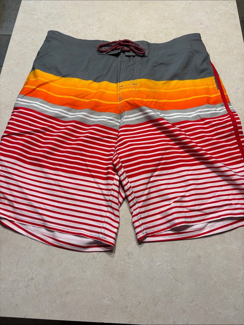 Men's George Red Orange Gray Striped Swim Trunks with Gray Waistband & Drawstri